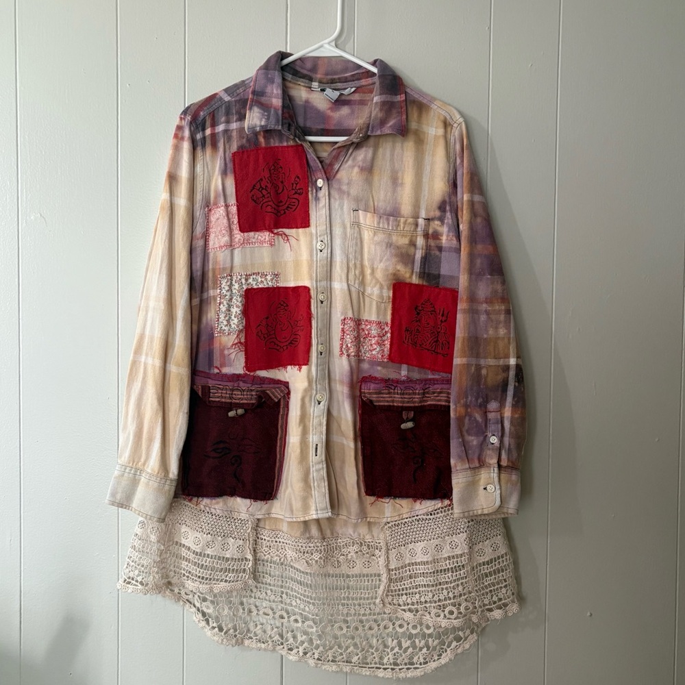 Grateful Dead Upcycled Bleach Distressed Flannel with Crochet Hem - Picture 3 of 15